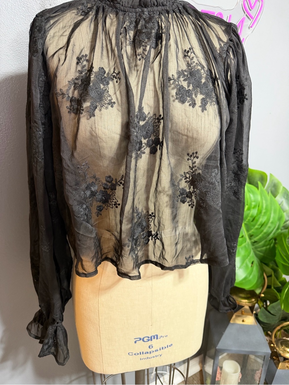 Black Sheer Floral-Embroidered Long Sleeve Blouse